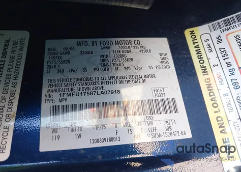 2007 Ford Expedition Eddie Bauer из США, поврежденный, VIN 1FMFU17587LA07918